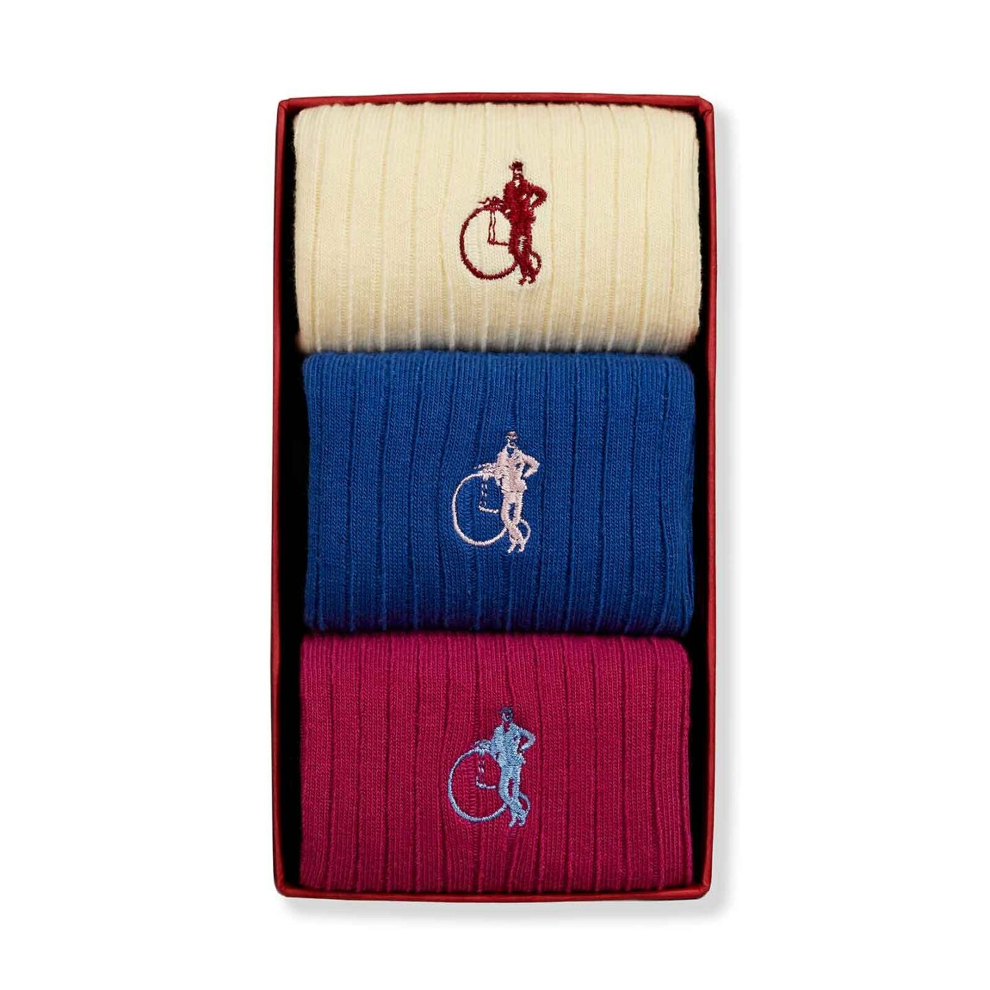 Cream, blue and pink mens socks in a presentation box