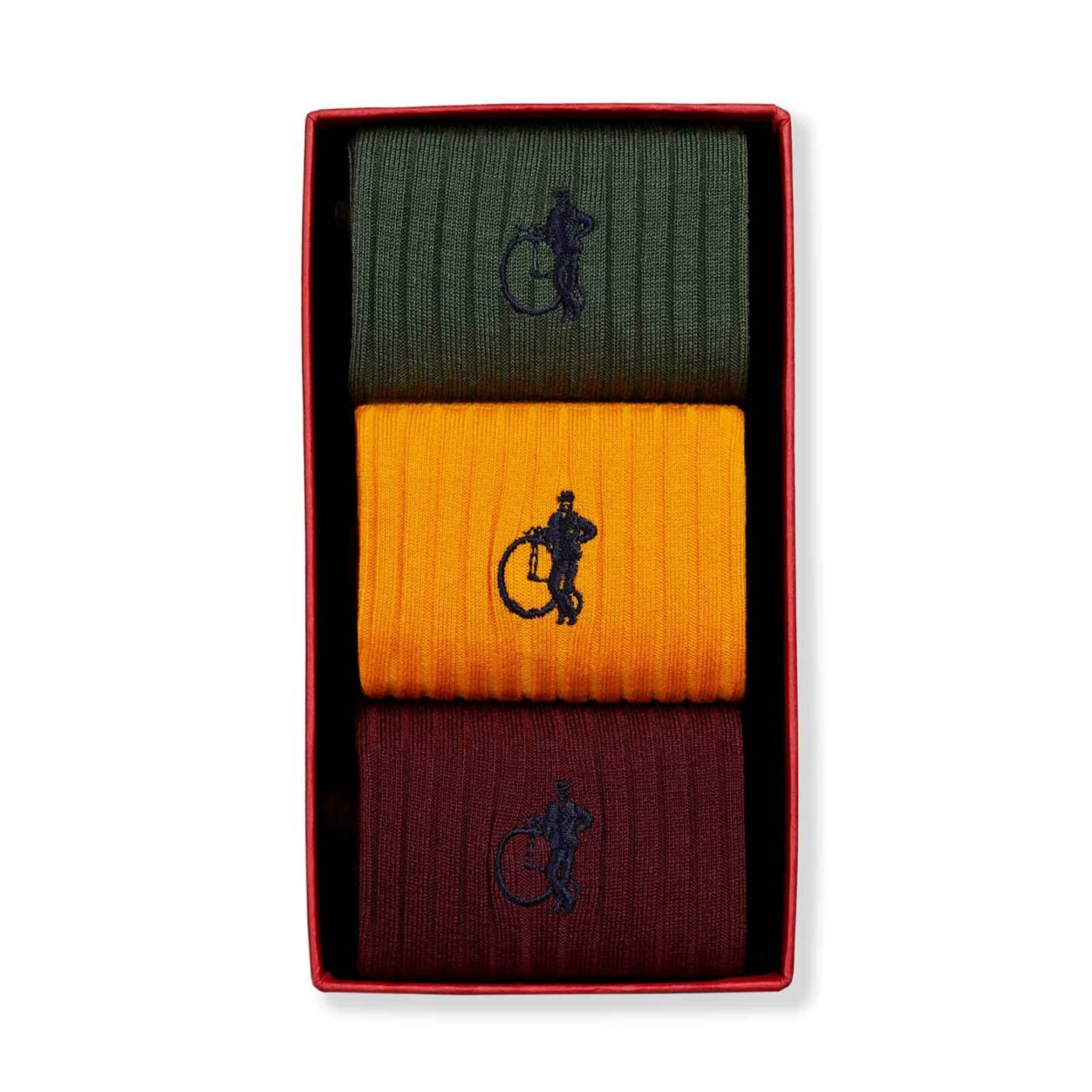 3 pairs of socks in dark green, yellow and dark red