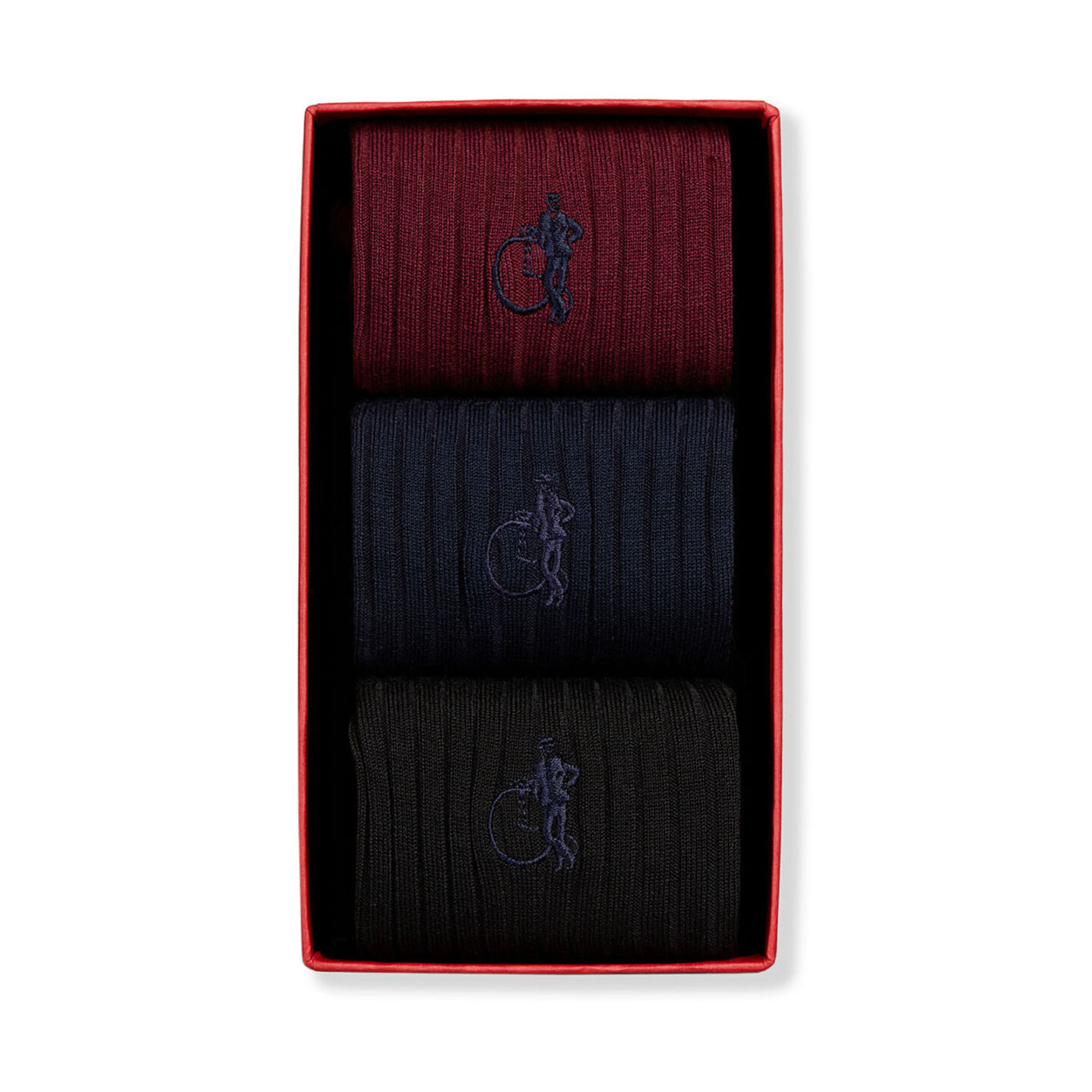 Simply Traditional trio presentation box with black, navy and burgundy mens socks