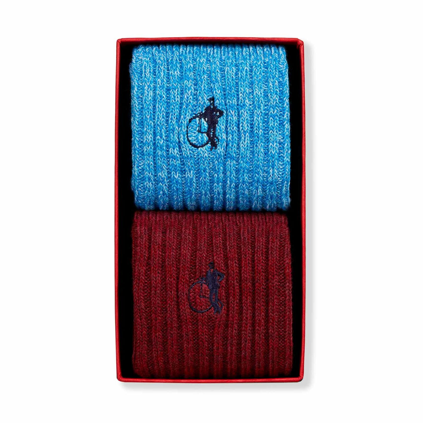 2 pairs of boot socks in blue and red